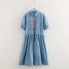 Short-sleeve Cat Print Embroidery Dress Light Blue - One Size