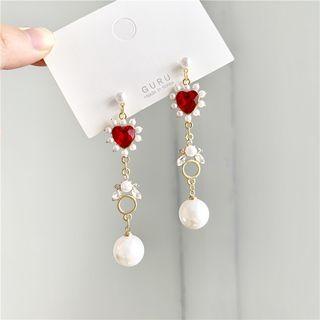Retro Faux Pearl Rhinestone Heart Dangle Earring