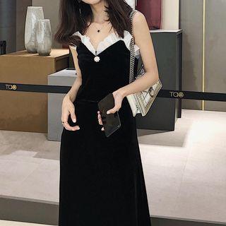 Spaghetti Strap Chiffon Trim Velvet Midi Dress