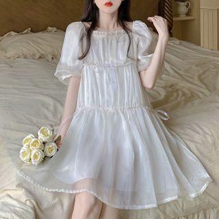 Puff-sleeve Glossy A-line Dress