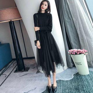 Set: Long-sleeve Slit Knit Dress + Midi Knit Skirt