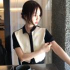 Short-sleeve Two-tone Knit Top As Shown In Figure - One Size