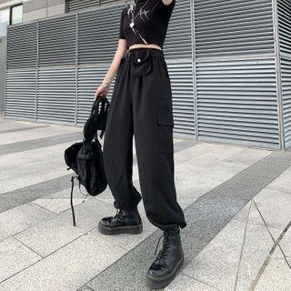 High-waist Side Pocket Plain Cargo Pants