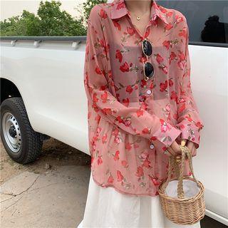 Sheer See-through Floral Print Long-sleeve Shirt As Shown In Figure - One Size
