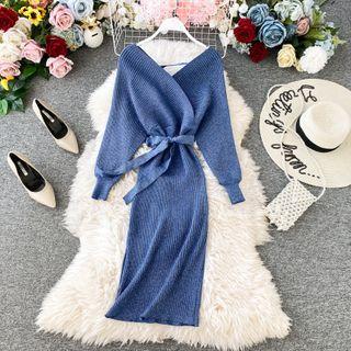 V-neck Glitter Slim-cut Knit Dress With Sash