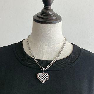 Heart Check Pendant Stainless Steel Necklace Plaid - Black & White - One Size