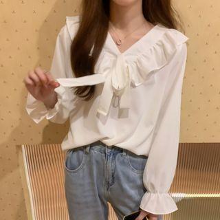 Flared-cuff Ruffle Trim Chiffon Blouse
