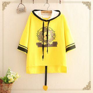 Short-sleeve Lion Print Hooded T-shirt As Shown In Figure - One Size
