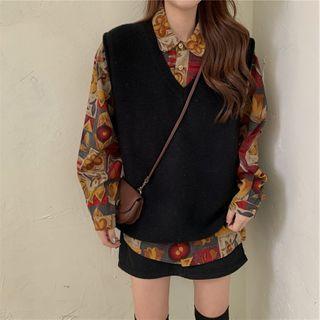 Printed Shirt / V-neck / Knit Vest / Set