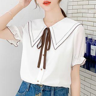 Balloon-sleeve Contrast Trim Chiffon Blouse