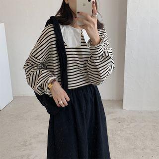 Long-sleeve Peter Pan Collar Striped Top / Sleeveless Corduroy Dress