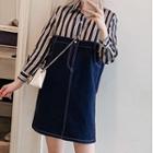Long-sleeve Denim Panel Mini Striped Shirt Dress