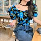 Square-neck Flower Print Tie-back Blouse Blue - One Size