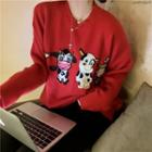 Cartoon Cow Embroidered Sweater Red - One Size