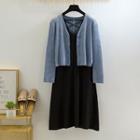 Plain Cardigan / Sleeveless Midi A-line Knit Dress / Set