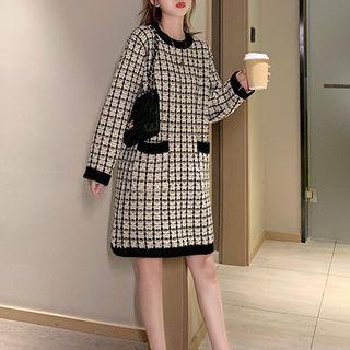 Contrast Trim Plaid Pocketed Sweater Dress