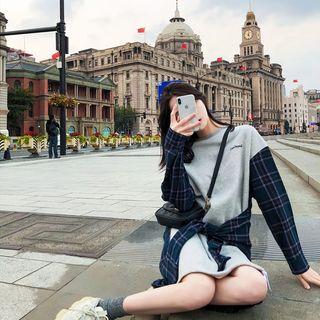 Plaid Shirt Mock Two-piece Plaid Panel Pullover Dress Gray - One Size