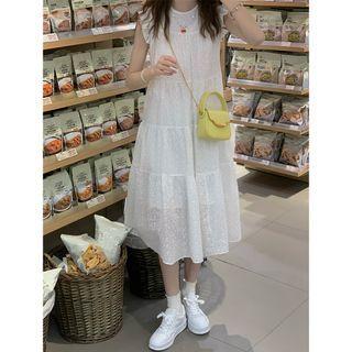 Cap-sleeve Embroidered A-line Dress White - One Size