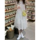 Cap-sleeve Embroidered A-line Dress White - One Size