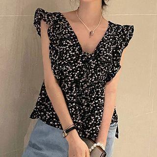 Floral Print Sleeveless Ruffled Blouse Black - One Size