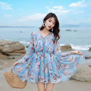 Long-sleeve Mini Floral A-line Dress