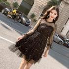 3/4-sleeve Sheer Glitter Mini Dress