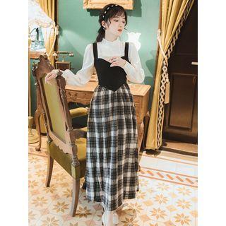 Set: Long-sleeve Knit Top + Plaid Panel Midi A-line Overall Dress