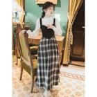 Set: Long-sleeve Knit Top + Plaid Panel Midi A-line Overall Dress