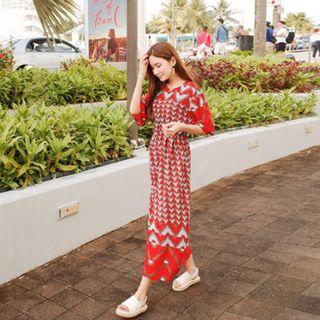 Gathered-waist Pattern Maxi Dress