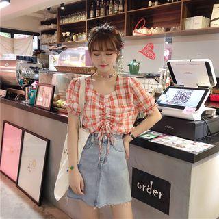 Puff-sleeve Plaid Drawstring Cropped Top