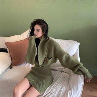 Pocket Detail Cardigan / High Waist Mini Knit Skirt