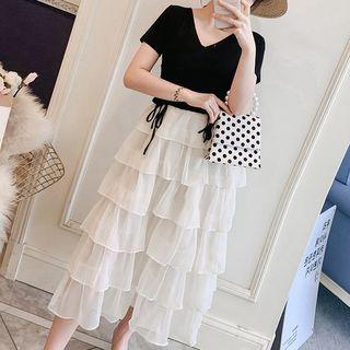Set: V-neck Short-sleeve T-shirt + High Waist Midi Tiered Skirt