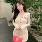 Long-sleeve V-neck Cherry Embroidered Knit Mini Bodycon Dress
