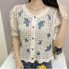 Short-sleeve Floral Embroidered Button-up Lace Top
