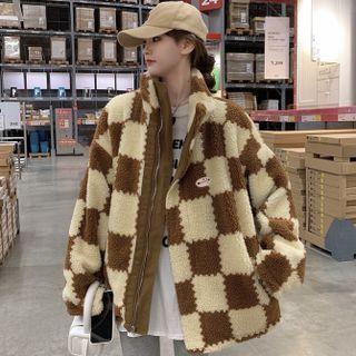 Reversible Stand-collar Checkerboard Faux Shearling Jacket
