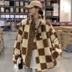 Reversible Stand-collar Checkerboard Faux Shearling Jacket