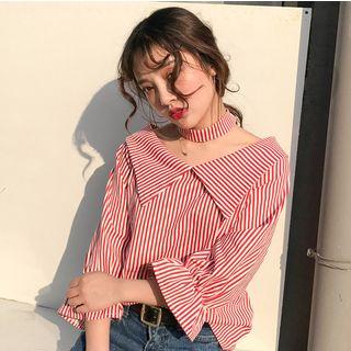 Striped 3/4-sleeve Blouse With Choker