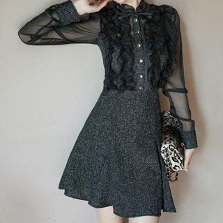 Set: Long-sleeve Ruffle Shirt + Mini A-line Skirt