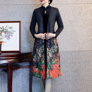 Set: 3/4-sleeve Floral Print Open-front Coat + Qipao
