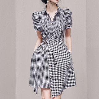Puff-sleeve Gingham Asymmetrical A-line Dress