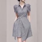 Puff-sleeve Gingham Asymmetrical A-line Dress
