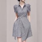 Puff-sleeve Gingham Asymmetrical A-line Dress