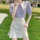Elbow-sleeve Collared Blouse / Ruffle Hem Mini Pencil Skirt / Set