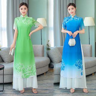 Patterned Short Sleeve Maxi Qipao