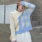 Long-sleeve Plaid Cable Knit Panel Sweater / Cardigan