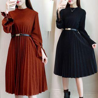 Long-sleeved Bell-sleeve Crewneck A-line Plain Long Sheath Dress