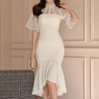 Lace Elbow-sleeve Sheath Midi Dress
