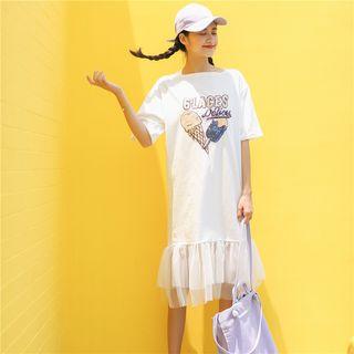 Sequined Short-sleeve Mesh Hem T-shirt Dress