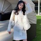 Pocketed Tweed Jacket / Plain Shirt / A-line Tweed Skirt