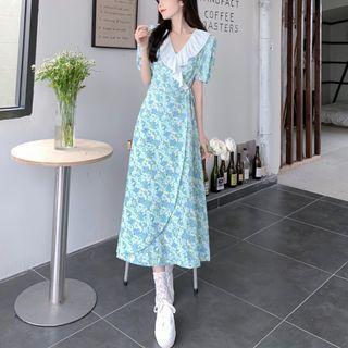 Elbow-sleeve Ruffled Floral Midi A-line Dress